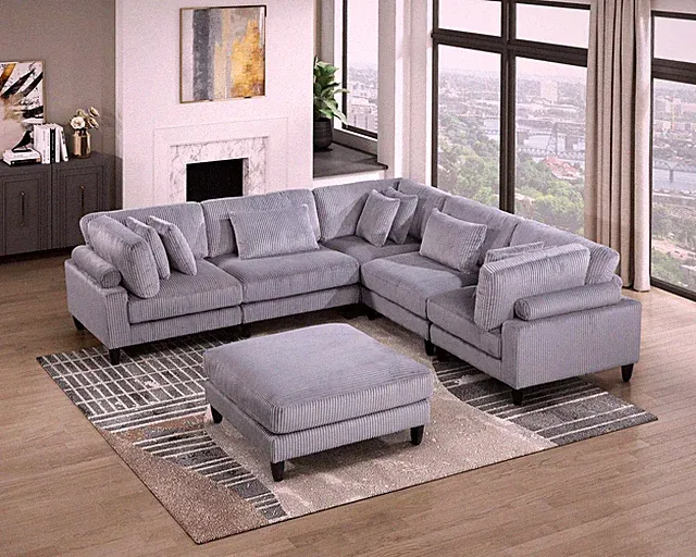 6pc Gray Corduroy Modular Sectional Sofa Set with Ottoman