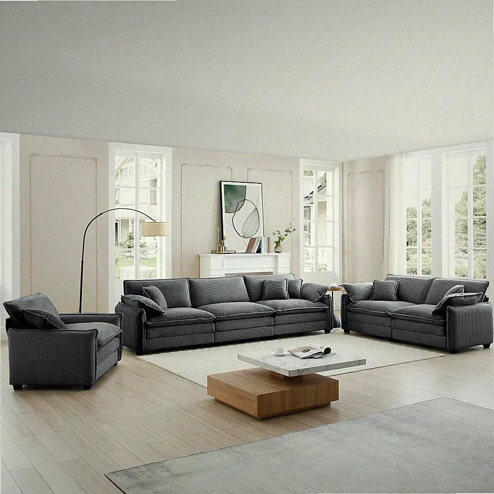 6pc Large Sectional Sofa w/ Oversized Deep Seats, Gray Corduroy