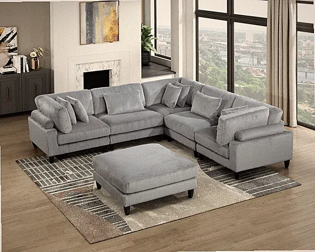 6pc Modular Sectional Set Gray Corduroy Upholstery 2x Armless Chairs 3x Corner