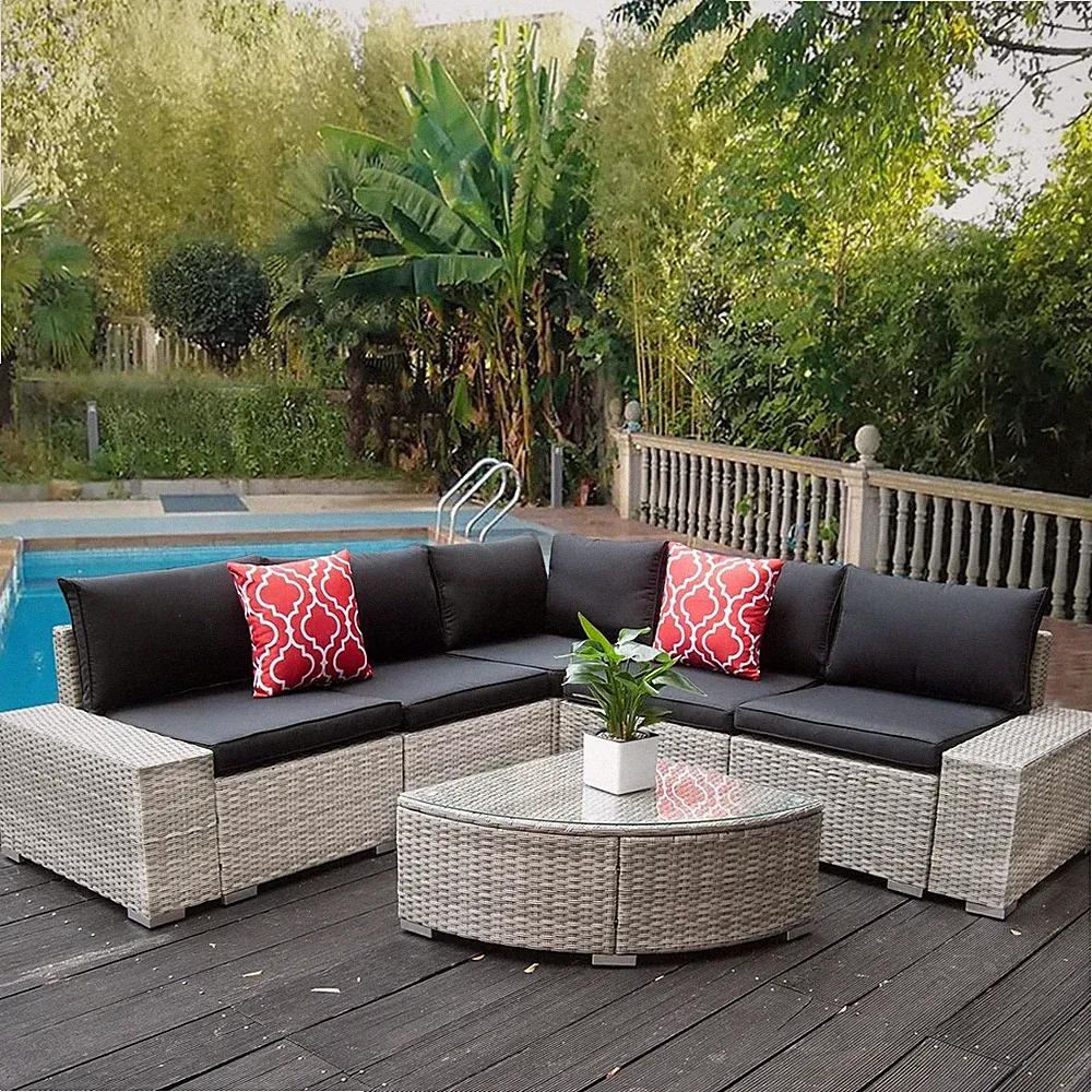 6PC Outdoor Patio Furniture,Wicker Patio Sofa Set with Cushions and Coffee Table