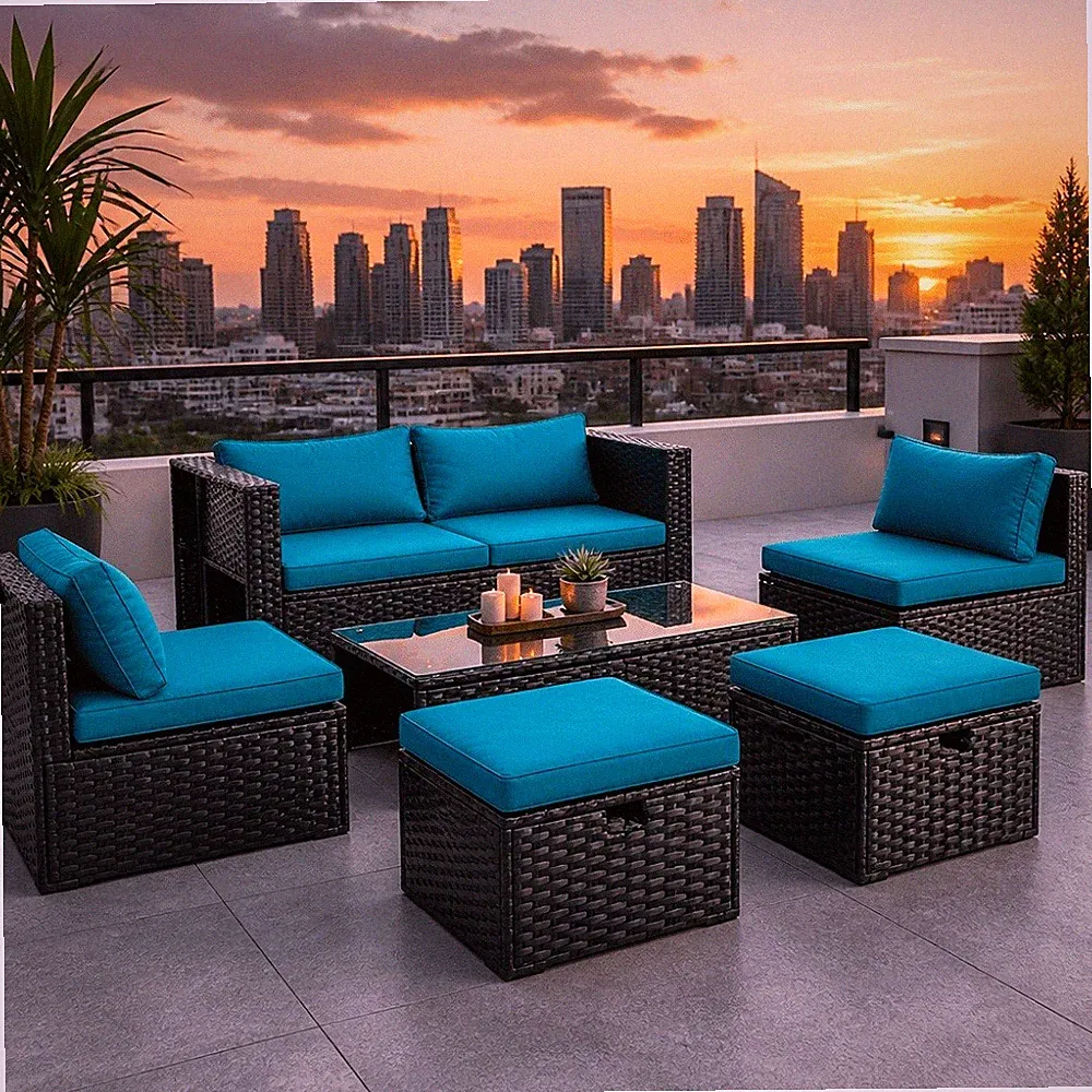 6pc Rattan Patio Furniture Set Wicker Sectional Sofa Teal Cushion Storage Table