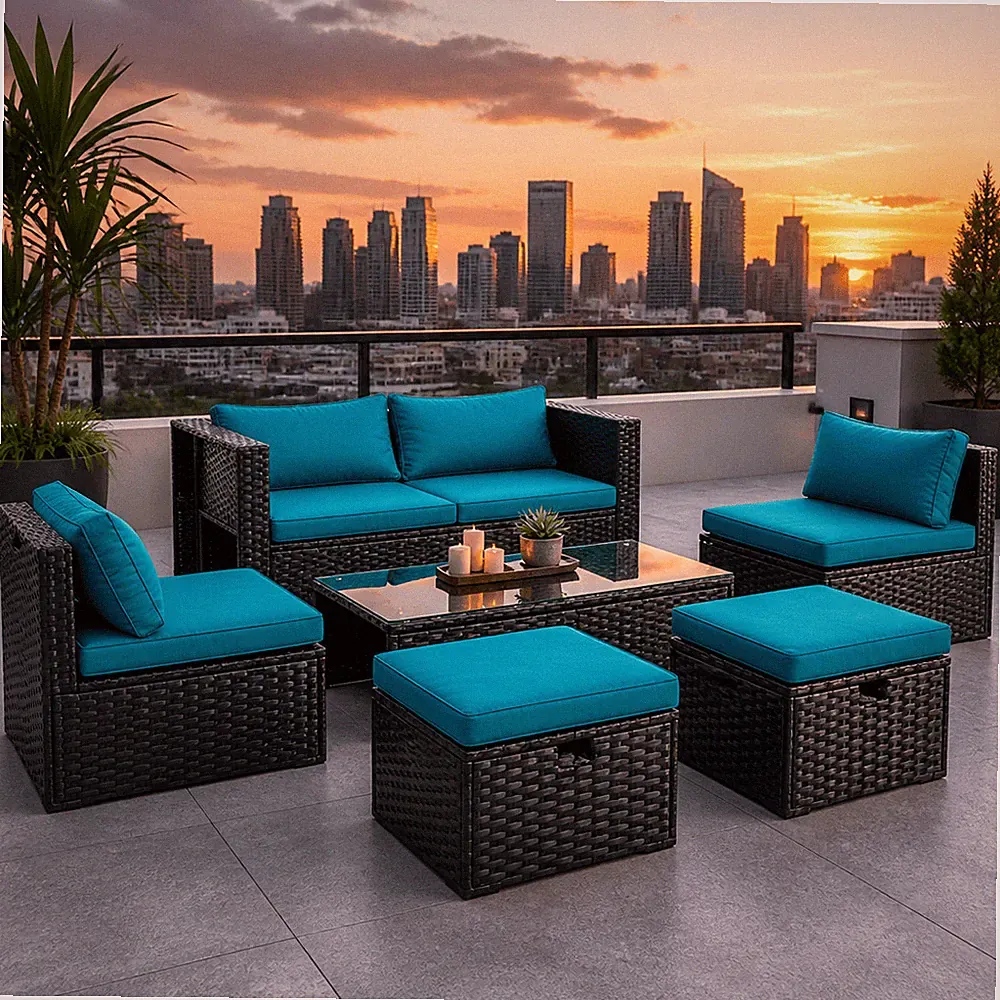 6Pcs Outdoor Patio Furniture Set Rattan Wicker Sectional Sofa Storage Table Blue