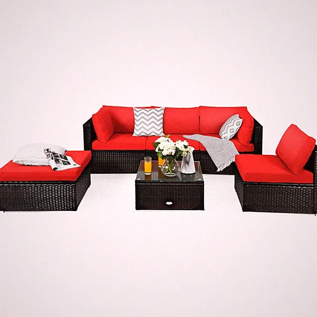 6PCS Outdoor Patio Rattan Furniture Set Cushioned Sectional Sofa Red