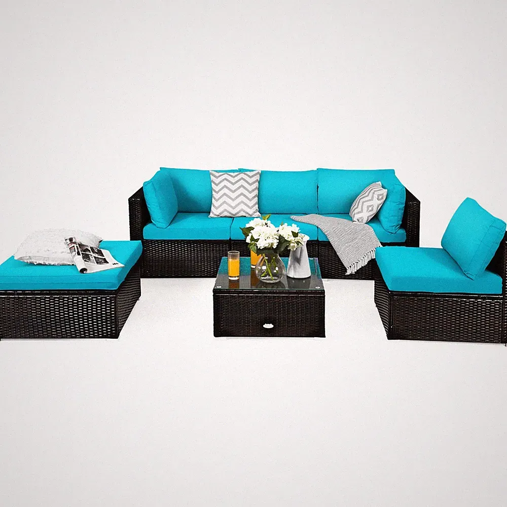 6PCS Outdoor Patio Rattan Furniture Set Cushioned Sectional Sofa Turquoise