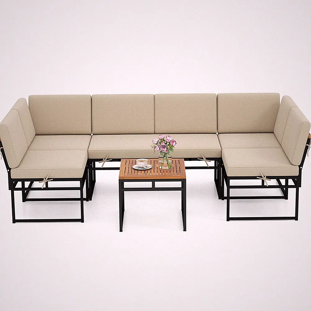 6PCS Outdoor Sectional Sofa Set Metal Conversation Set w/ Bungee Rope Seat