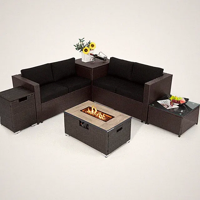 6PCS Outdoor Wicker Furniture Set w/32" Propane Fire Pit Table and Tank Holder