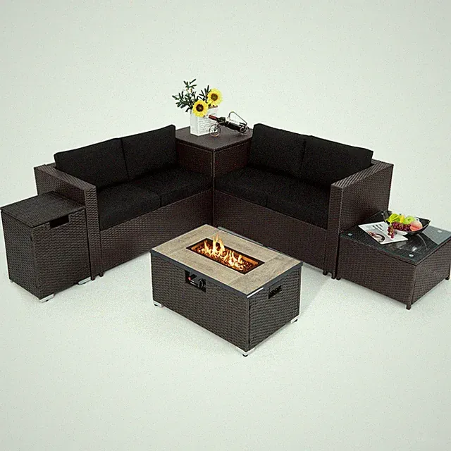 6PCS Outdoor Wicker Furniture Set w/32” Propane Fire Pit Table & Tank Holder
