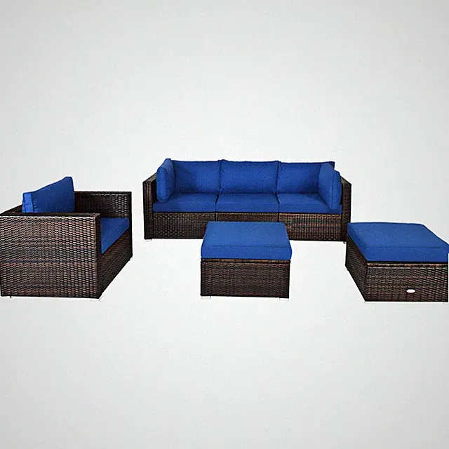 6PCS Patio Conversation Set Rattan Sectional Furniture Set w/ Navy Cushion