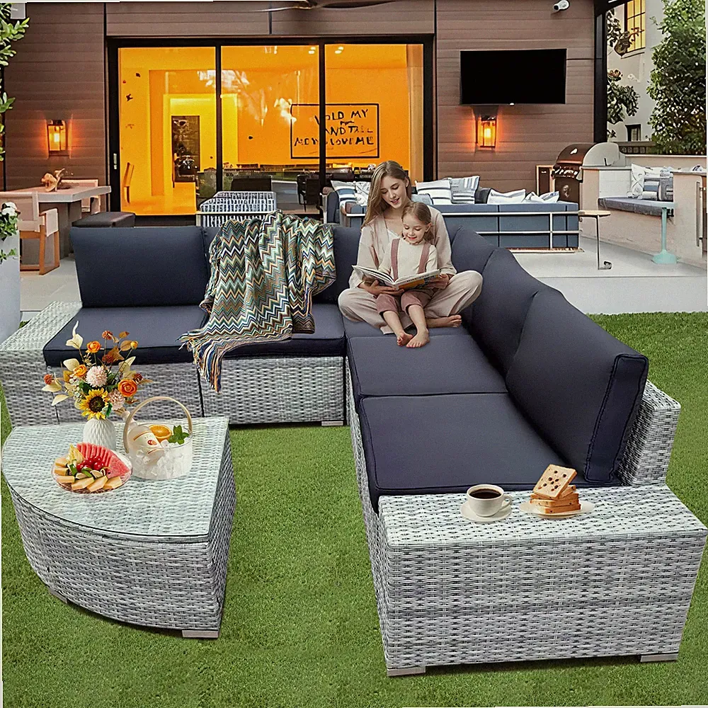 6pcs Patio Furniture Set Rattan Sectional Sofa Set Outdoor & Indoor Gray & Black