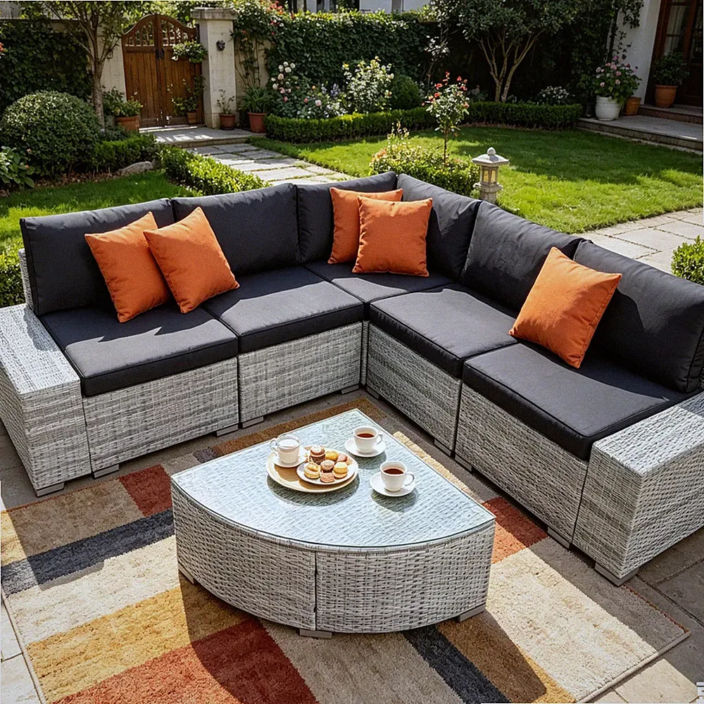 6PCS Patio Furniture Set Wicker Sectional Sofa Outdoor Couch with Coffee Table