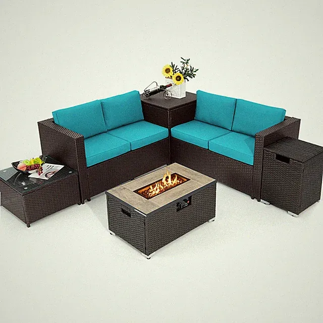 6PCS Patio Rattan Sectional Sofa Set & Fire Table Set w/Storage Box Turquoise