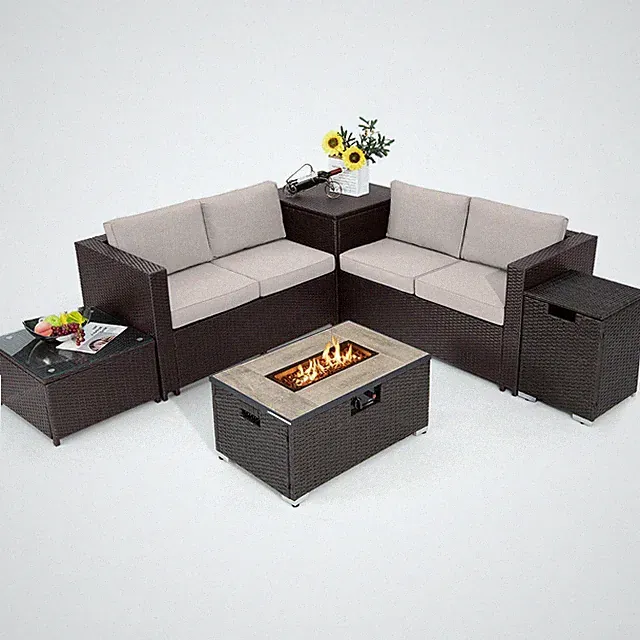 6PCS Patio Sofa & Fire Table Set Rattan Sectional Sofa Set w/Storage Box Beige