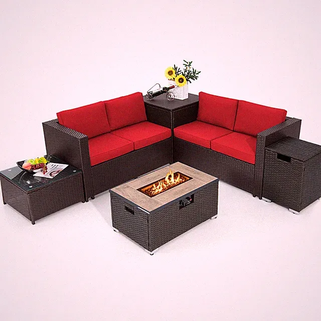 6PCS Patio Sofa & Fire Table Set Rattan Sectional Sofa Set w/Storage Box Red