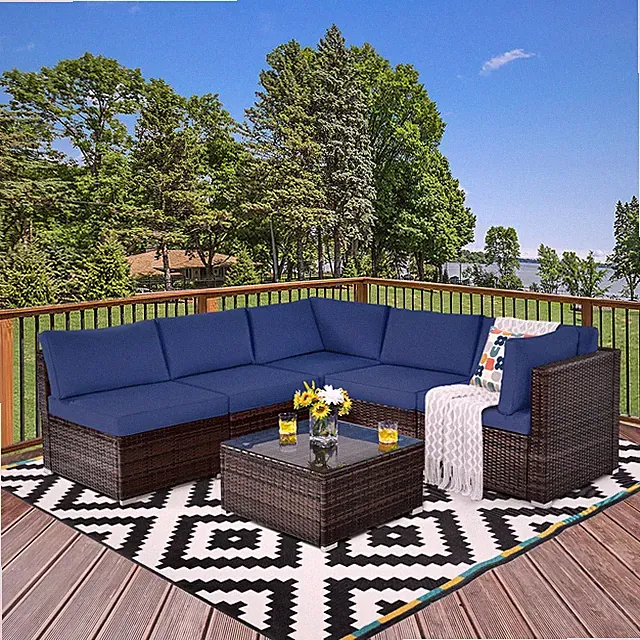 6PCS Rattan Outdoor Sectional Sofa Set Patio Furniture Set w/ Navy Cushions