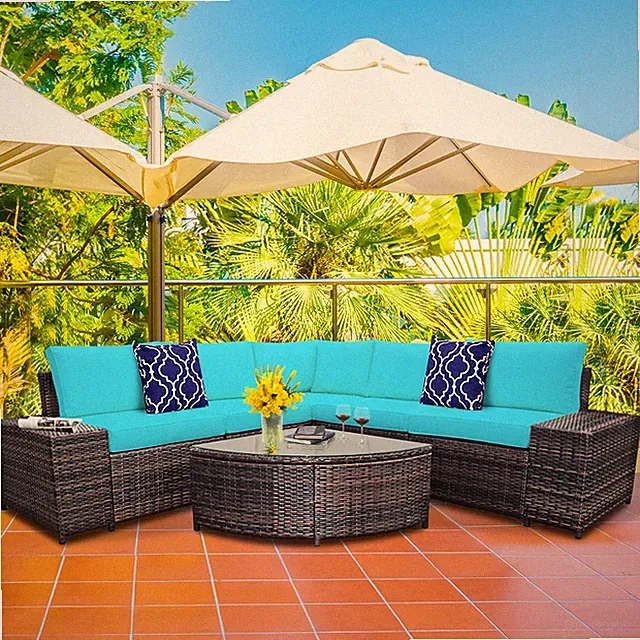 6PCS Wicker Furniture Sectional Sofa Set w/ Cushions Turquoise