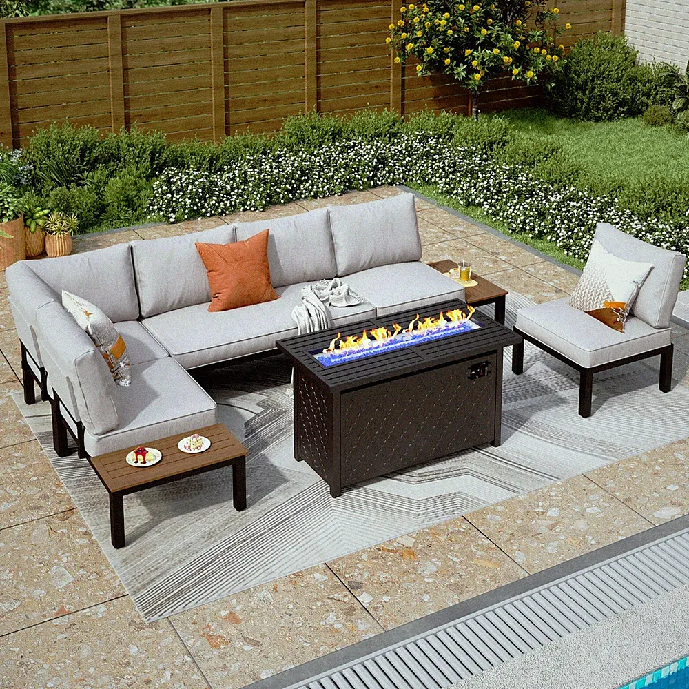 6Seat Outdoor Sectional Sofa Set with Fire Pit Table Patio Conversation Sofa Set