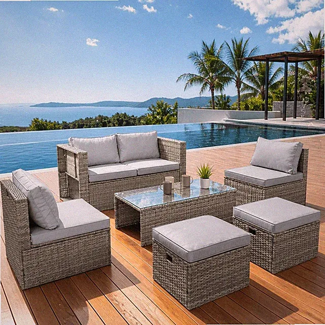 6x Outdoor Rattan Patio Furniture Set Wicker Sectional Sofa Gray Cushion Storage