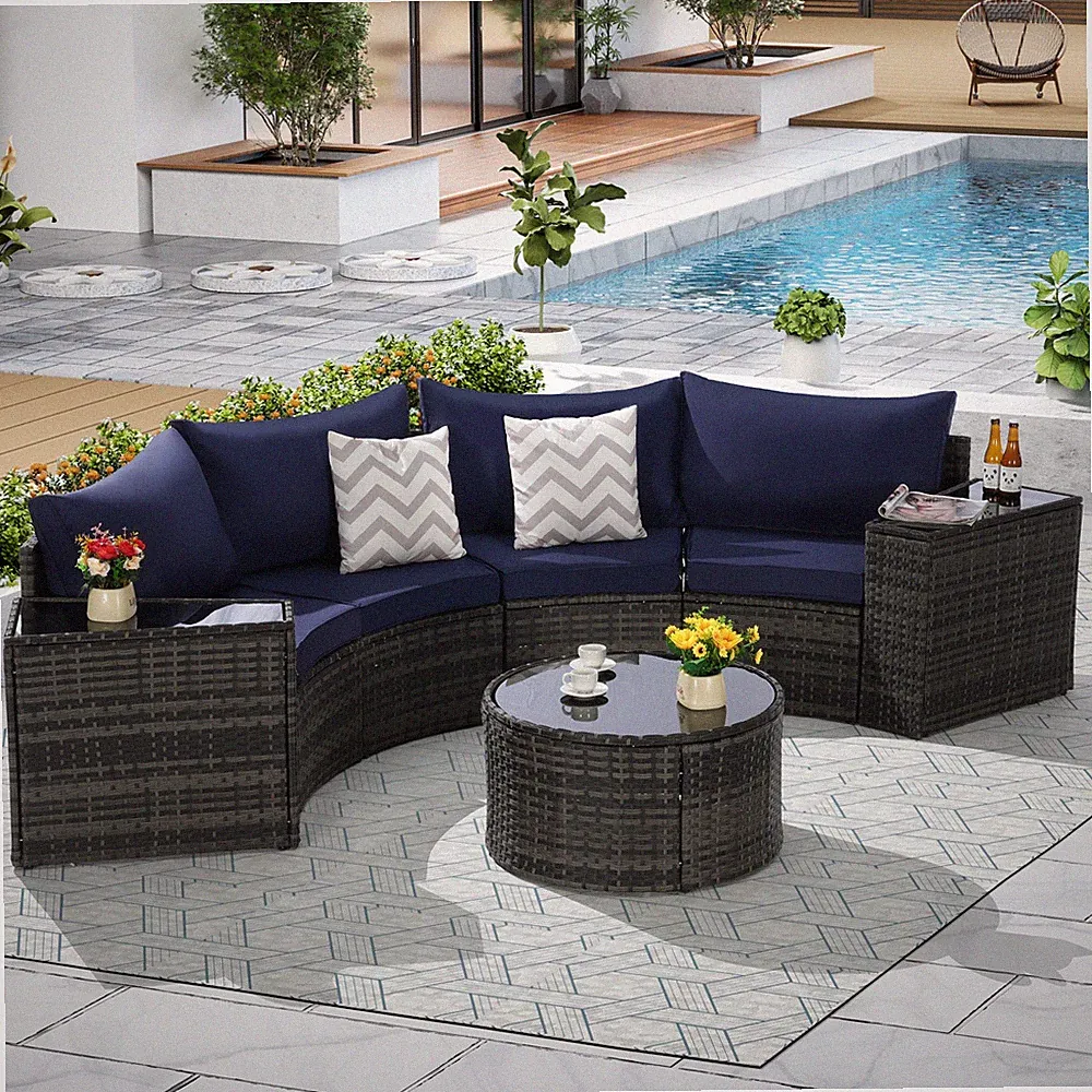 7 PC Patio Sectional Sofa Set w/Glass Coffee Table, Dark Blue Cushions