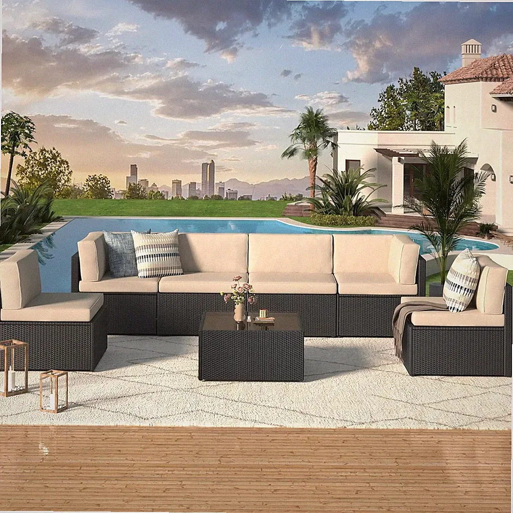 7-Piece Patio Sofa , PE Rattan Outdoor Sectional Conversation Set with Cushions