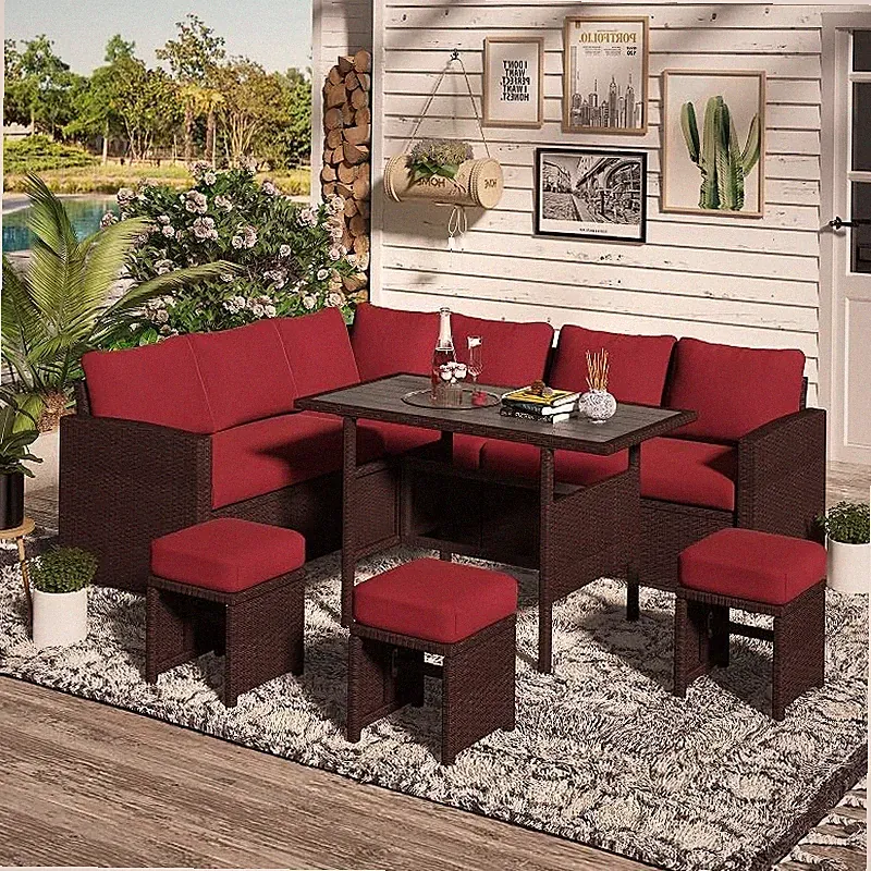 7 Pc Wicker Patio Set Outdoor Sectional Sofa Conversation Set w/ Cushions Table