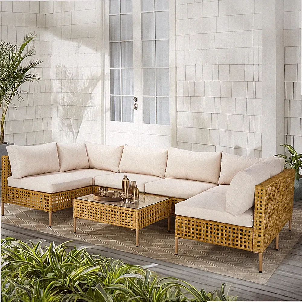 7 PCS In/Outdoor Patio Wicker Sectional Yellow Rattan Beige Cushion Chair Sofa