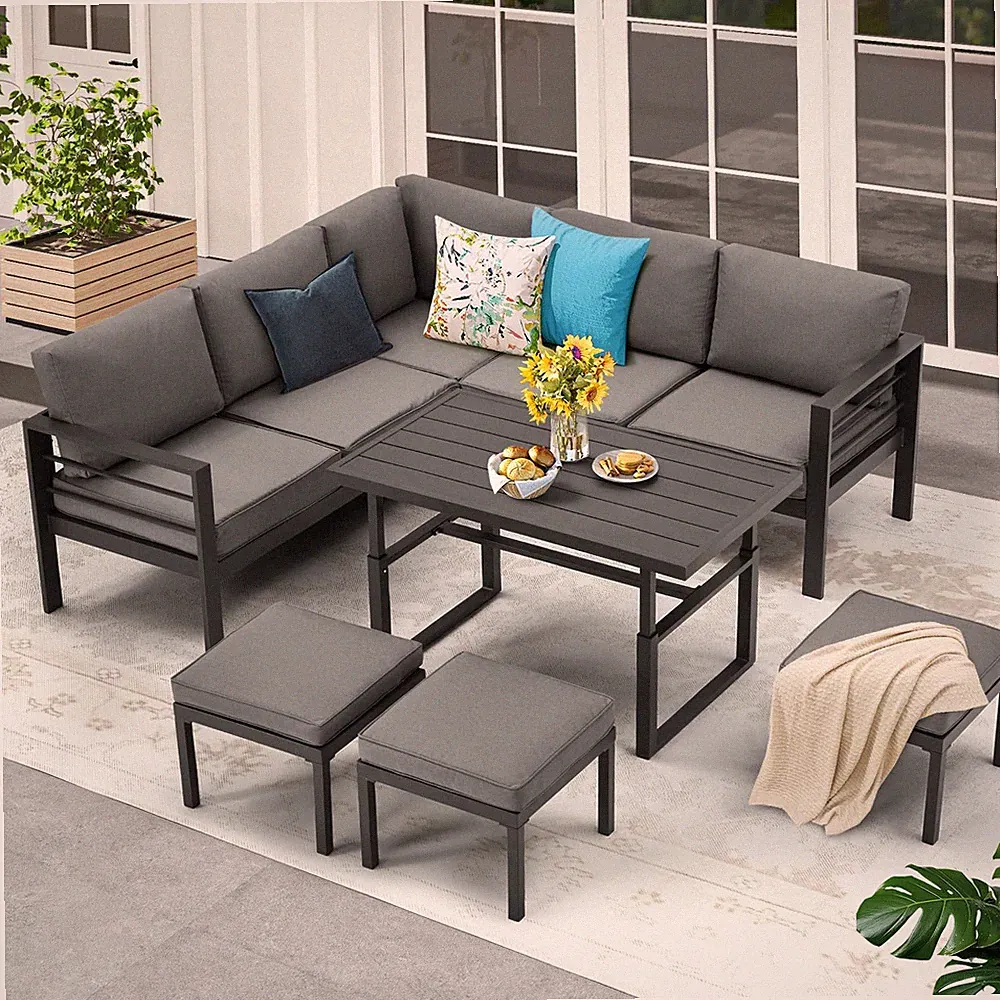 7 PCS Outdoor Patio Aluminum Furniture Set Sectional Sofa Adjustable Table Stool