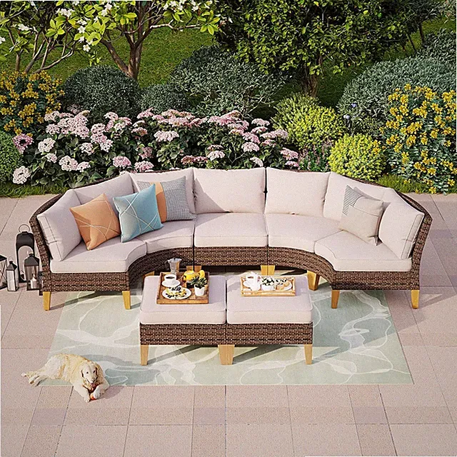 7-Pcs Outdoor Patio Conversation Set Rattan Curved Furniture Set Sectional Sofa
