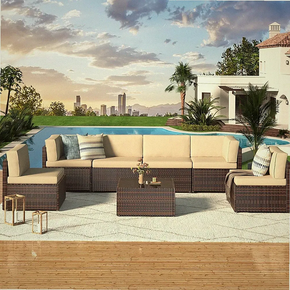 7 PCS Outdoor Patio Furniture Set, PE Rattan Wicker Sofa Set w/ Coffee Table