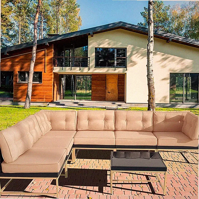 7 Pcs Outdoor Patio Furniture Set Sectional Sofa Rattan Wicker Sofa W/ Table