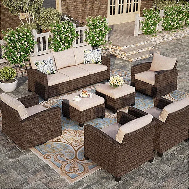 7 PCS Outdoor Patio Furniture Sets Rattan Sectional Sofa Conversation Set Swivel