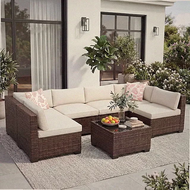 7 PCS Outdoor Sectional Furniture Set, Wicker Conversation Set Sofa, Brown