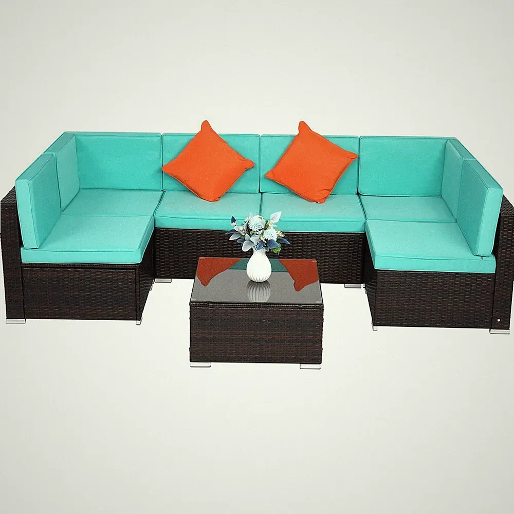 7 Pcs Outdoor Sectional Sofa Patio Rattan Furniture Set Wicker Dining Table