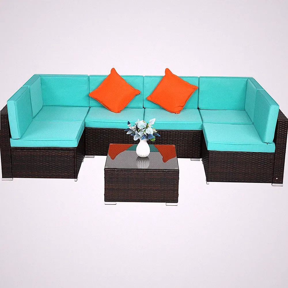 7 Pcs Outdoor Sectional Sofa Patio Rattan Furniture Set Wicker Dining Table