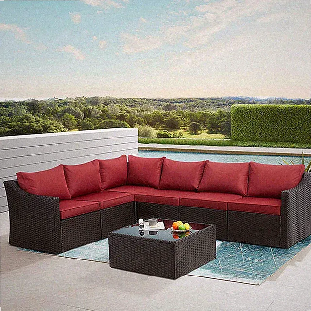 7 Pcs Patio Furniture Set All Weather Sectional Sofa with Red Cushion & Coffee T