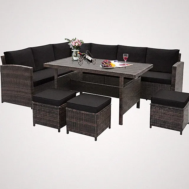 7 PCS Patio Furniture Set Rattan Sectional Conversation Sofa Coffee Table Porch