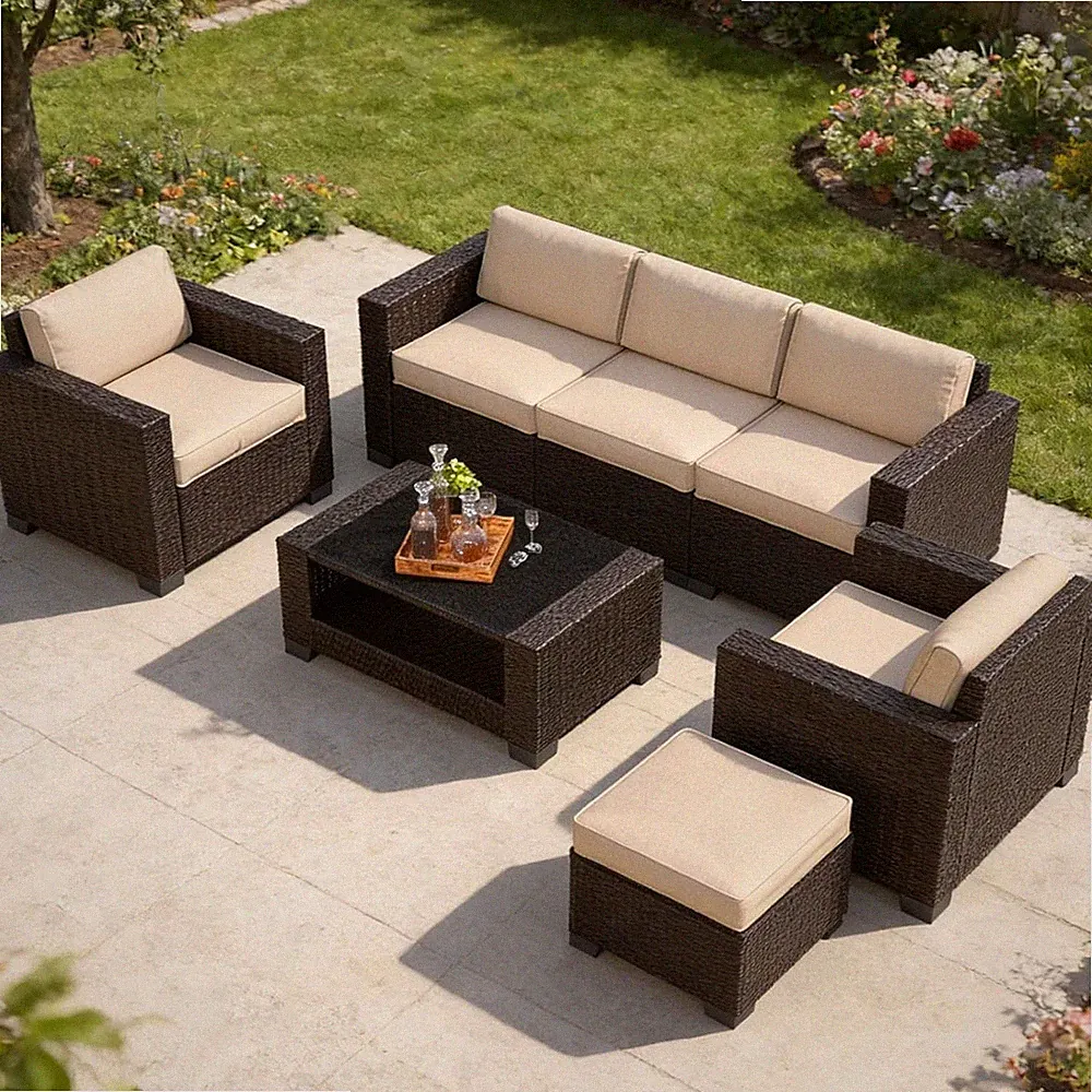 7 PCS Patio Furniture Set Slanted Back Outdoor Sectional Sofa with Coffee Table