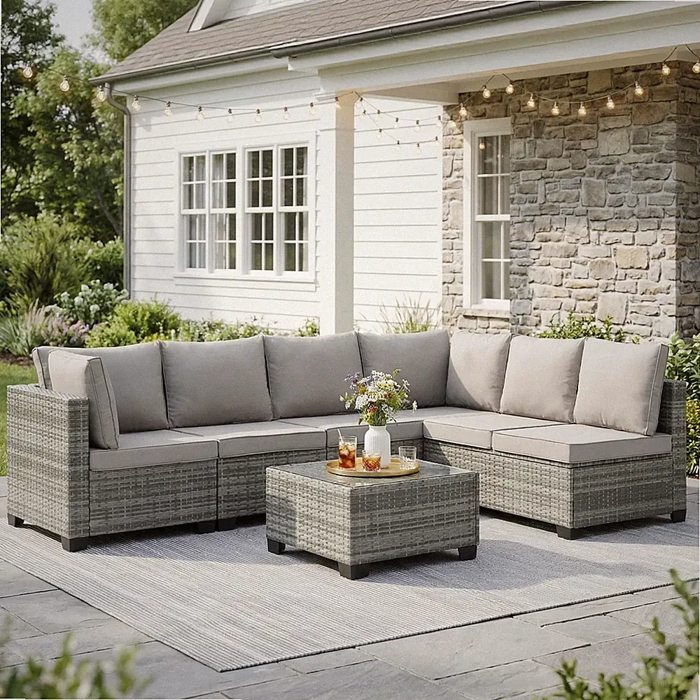 7 PCS Patio Set Wicker Sofa Sectional with Glass Table for Backyard Deck 6 Seat