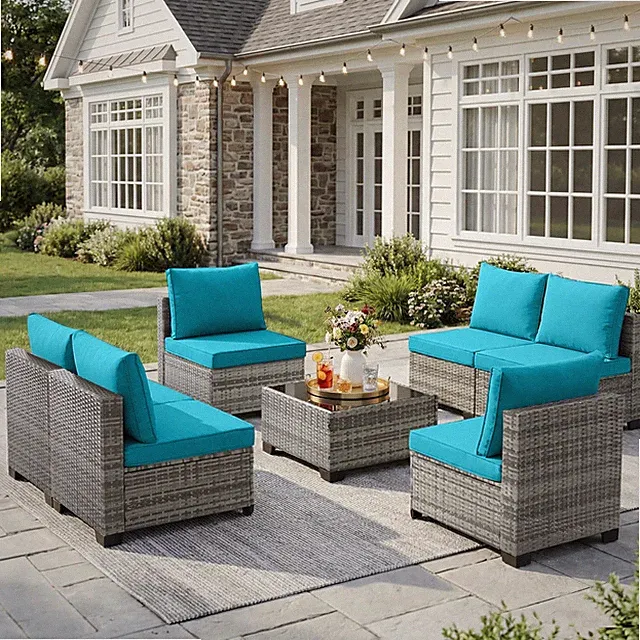 7 PCS Patio Set Wicker Sofa Sectional with Glass Table for Backyard Deck 6 Seat