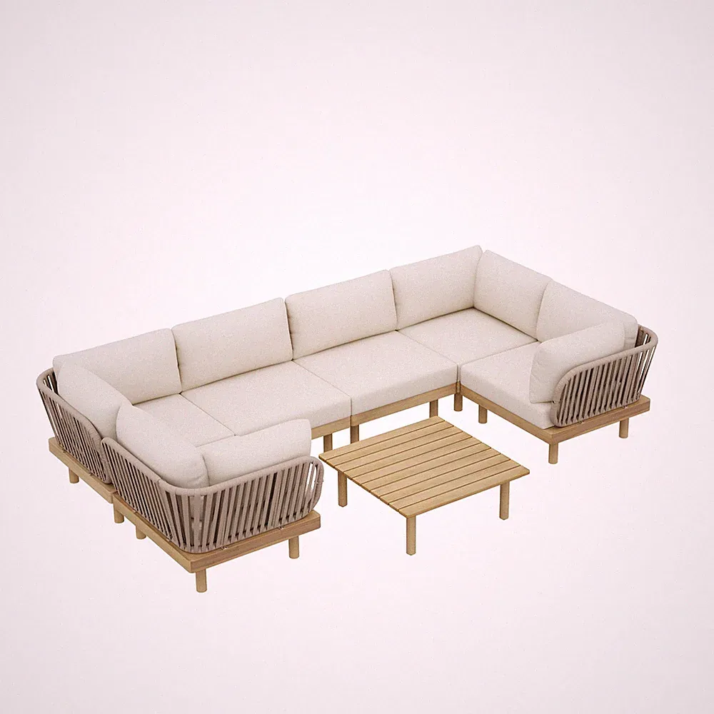 7-Piece Acacia Wood Outdoor Sectional Sofa Set with Rope Back & Weather-Resist