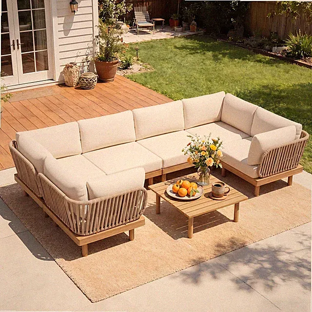7-Piece Acacia Wood Outdoor Sectional Sofa Set with Rope Back & Weather-Resistan