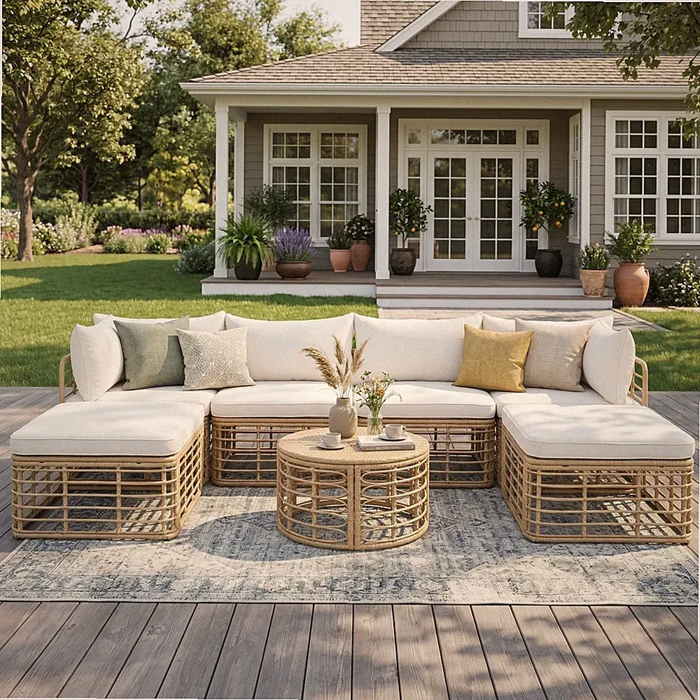 7-Piece All-Weather Rattan Sectional Sofa Set with Cushions, Beige