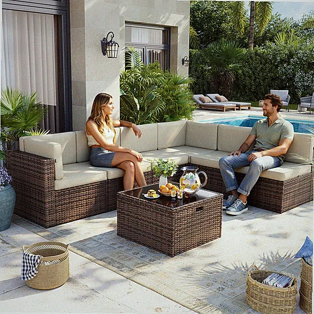 7-Piece Brown Rattan Sofa Set Beige Cushions Coffee Table