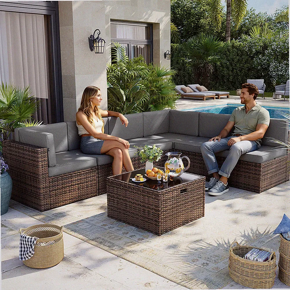 7-Piece Brown Rattan Sofa Set Dark GrayCushions Coffee Table