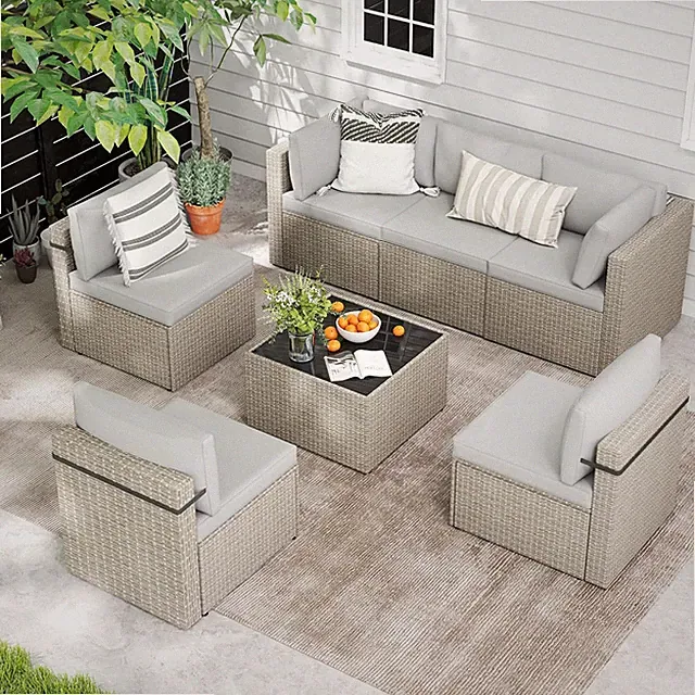 7-Piece Grey Rattan Outdoor Sectional Sofa Set with Washable Cushions