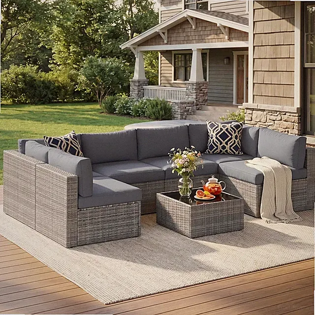 7-Piece Grey Wicker Outdoor Patio Furniture Set with Sectional Sofa & Table