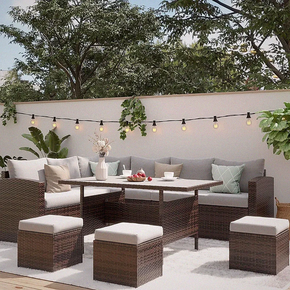 7-Piece Grey Wicker Patio Sectional Set with Ottoman - All Weather Outdoor Furni