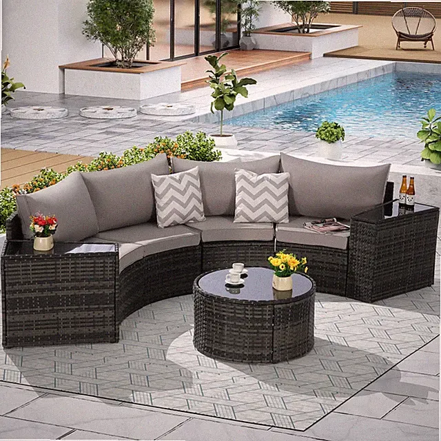 7-Piece Half-Moon Sectional Patio Set with Glass Coffee Table