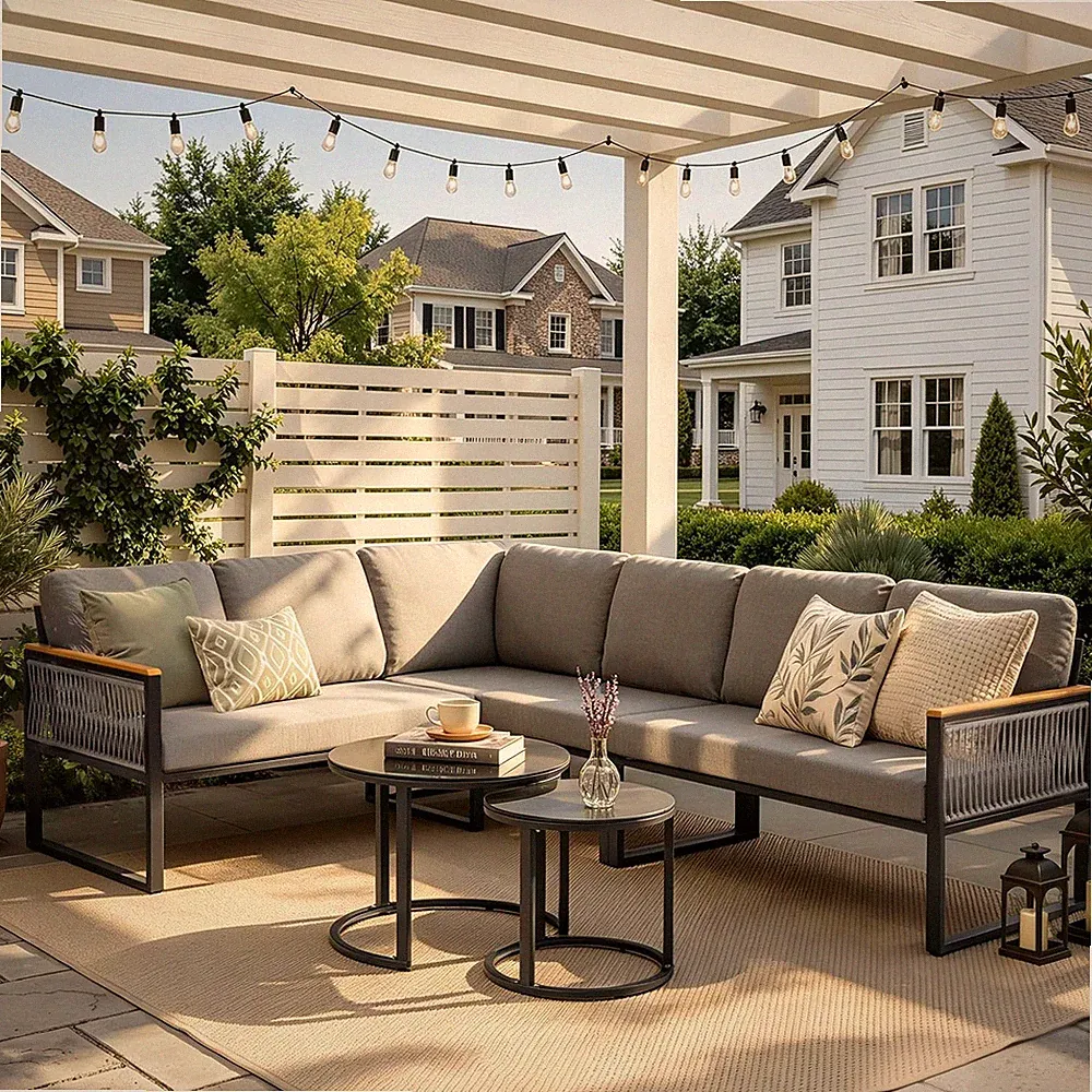7 Piece L-Shaped Outdoor Sectional Wicker Sofa with Nesting Coffee Table | Rever