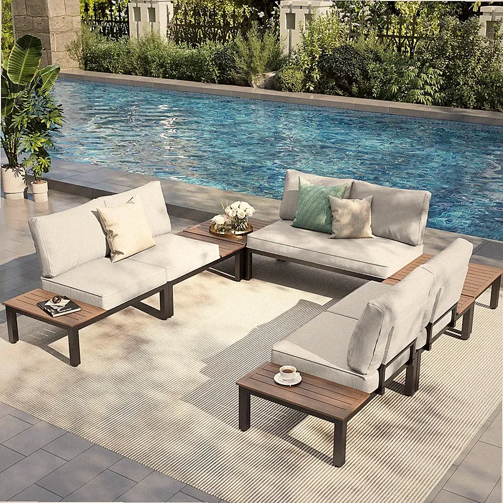 7 Piece Metal Patio Furniture Set Outdoor Sectional Conversation Set w/ 2x Table