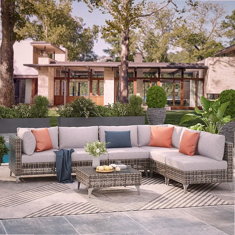 7 Piece Metal Patio Furniture Set Outdoor Sectional Sofa with Coffee Table